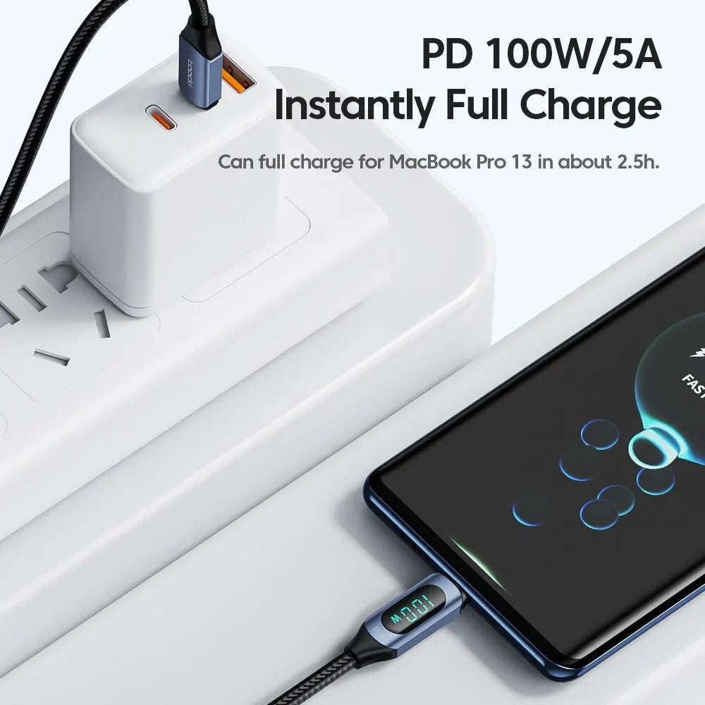100W USB-C to USB-C Fast Charging Cable with LED Display